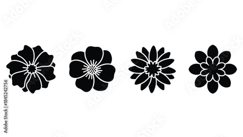 Four black floral silhouettes arranged in a horizontal line