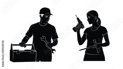 Silhouette of a male mechanic with a toolbox and wrench alongside a female technician holding a power drill and tool ready for repair work