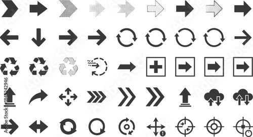 Ultimate vector icon collection of black arrows, refresh, action, navigation, and directional symbols in solid, line, and textured styles for all digital media interfaces.