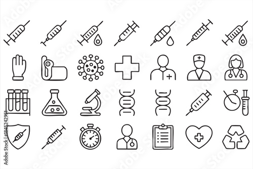 Minimal Medical Icons with Doctors Syringes and Lab Symbols