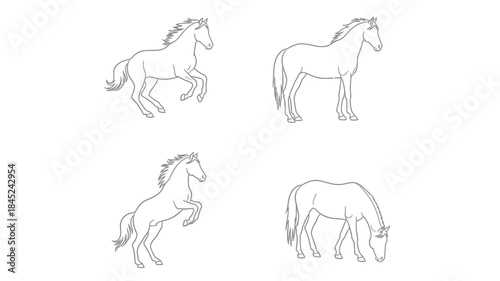 Simple line art depictions of horses in various poses on a white background
