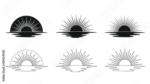 Black and white sun and wave illustrations in varied aesthetic styles