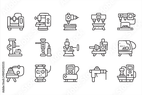 Factory Equipment and CNC Machine Line Icons for Engineering Apps