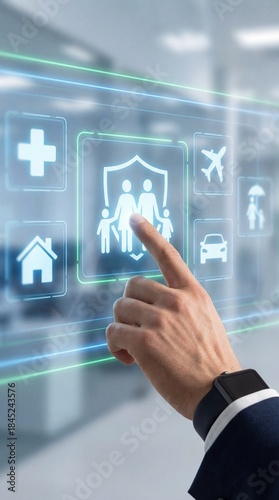 Digital insurance protection concept covering travel, health, home, car and retirement security with family coverage selection on futuristic interface. Vertical bg
