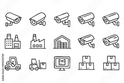 Security Camera and Warehouse Logistics Line Icons for UI Dashboards