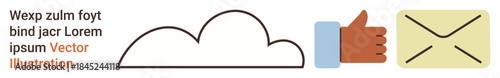 Communication, approval, cloud storage, digital connection, email, social interactions. Graphic showing a cloud, thumbs-up symbol and envelope. Communication and approval concept