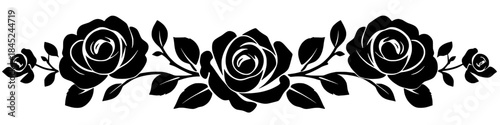 Horizontal black rose floral border with three blooming roses leaves and buds in bold silhouette style isolated on white background