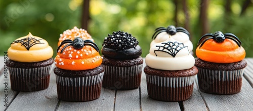 Halloween Cupcakes on Wooden Table.
