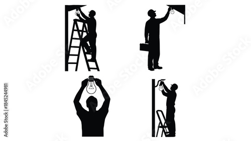 Collection of four black silhouette icons depicting electricians installing or holding light bulbs using ladders and tools