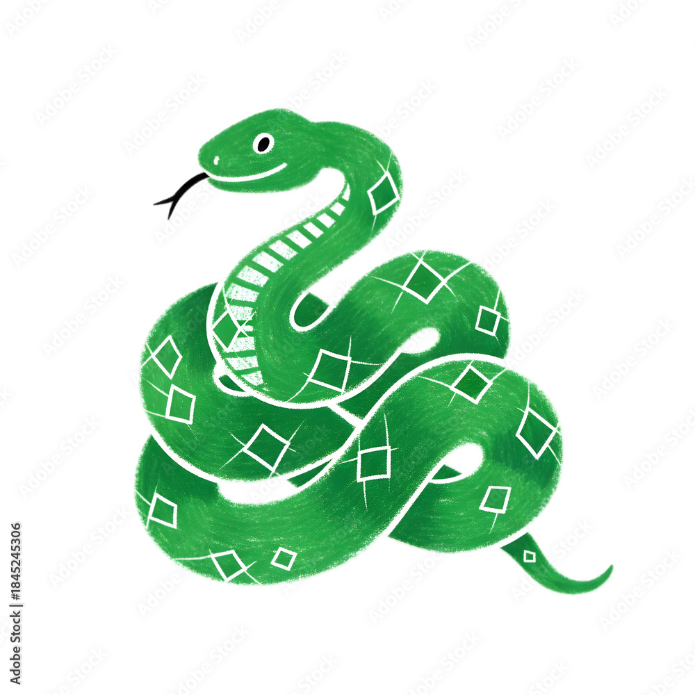 Obraz premium “Cartoon Green Snake with Diamond Pattern – Playful Serpent Clipart on White Background”
