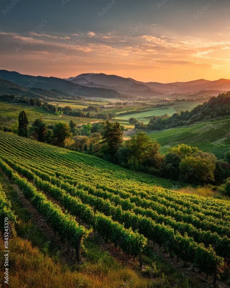 Naklejka premium Panoramic vineyard landscape rolling over gentle hills, glowing under warm golden-hour sunlight.