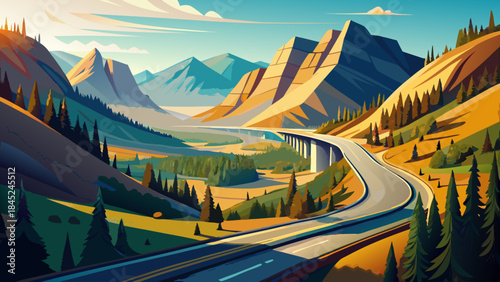 Very beautiful scenic view of State Route 20 near Martha Creek, winding road through mountains, dramatic perspective, natural surroundings, and detailed vector illustration capturing travel adventure.