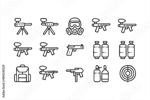 Paintball and Airsoft Gear Line Icons for Sports UI Design