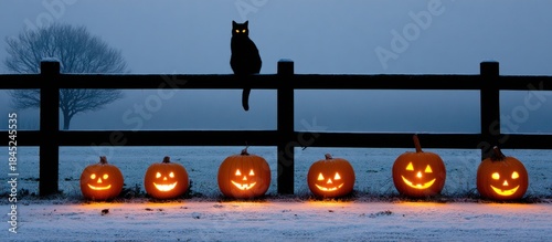 Halloween Night Scene with Pumpkins and Cat.