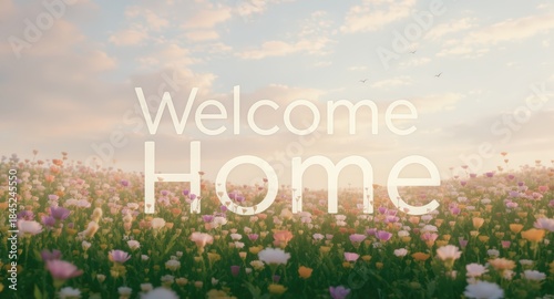 Welcoming Field of Colorful Flowers Under Bright Sky with Text Saying Welcome Home