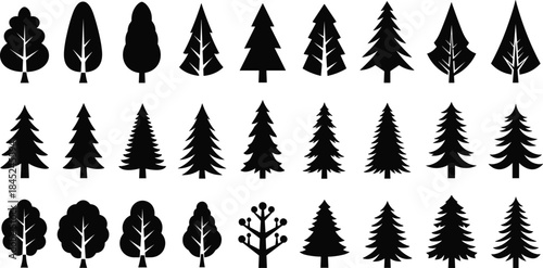 Collection of tree silhouettes, evergreen and deciduous icons, forest elements for design, nature symbols, black tree shapes for graphic projects