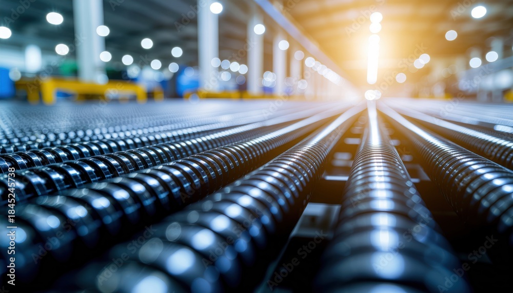 Fototapeta premium Close up View of an Industrial Conveyor System with Black Rollers and Bright Lighting in Factory Setting