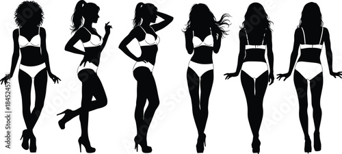 Fashion female silhouette collection, stylish women posing in lingerie, modern model outline set, beauty figure illustration, elegant feminine body art