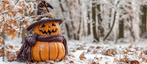 Halloween Pumpkin Witch in Snowy Forest.