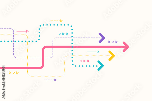 Colorful data flow arrows on light background, illustrating information movement, process paths, workflow direction, and modern digital communication concepts.