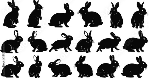 Rabbit silhouettes collection, cute bunny poses, sitting, standing, jumping rabbits, wildlife animal design elements for illustration, decoration, Easter, and nature artwork