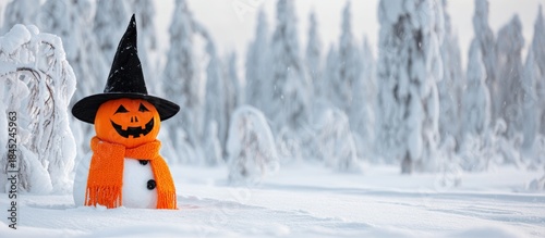 Halloween Pumpkin Snowman in Winter Wonderland.