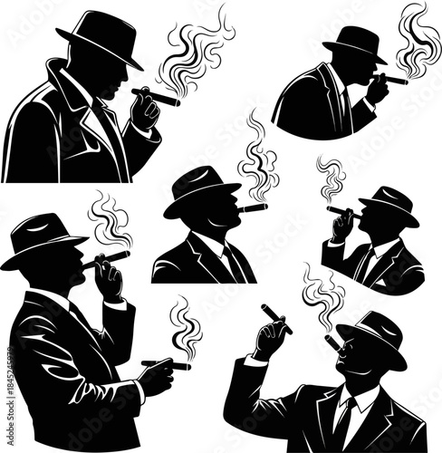 Isolated a Set of Black vector silhouette of man smoking a cigar vector art with white background..