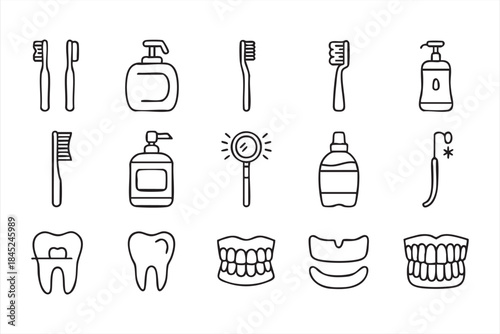 Toothbrush Toothpaste and Dentist Tool Icons in Line Style
