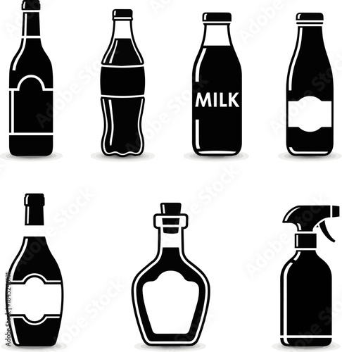 Isolated a Set of black vector bottle icons vector art with white background..