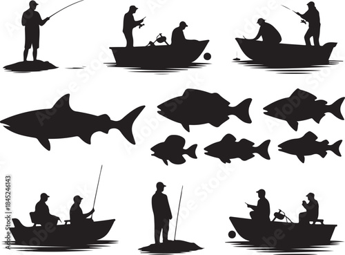 Fishing silhouettes vector set for sport