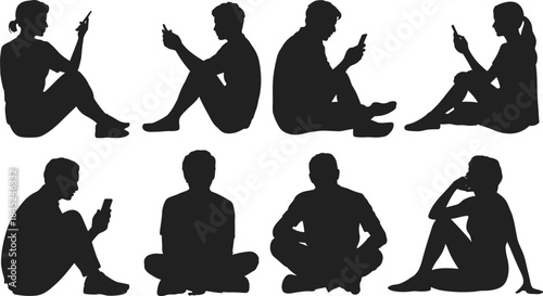 Silhouettes of people sitting and using smartphones, casual poses, modern lifestyle, mobile device usage, digital communication illustration set for design projects