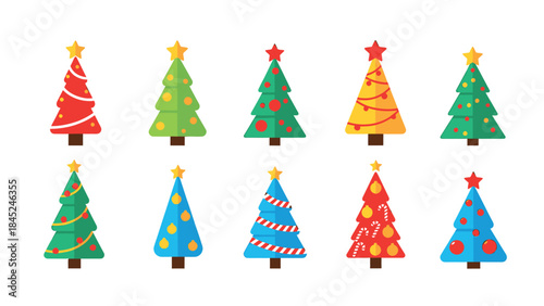 Colorful Cartoon Christmas Tree Icons Collection.