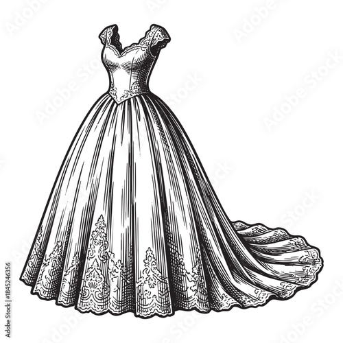 Vintage Lace Wedding Dress Gown Illustration