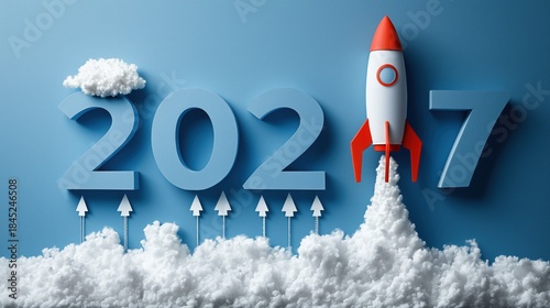 Business launch 2027 concept. Red rocket flying over blue year numbers with upward arrows. 3D paper cut craft illustration for financial growth, startup strategy and new year goals
