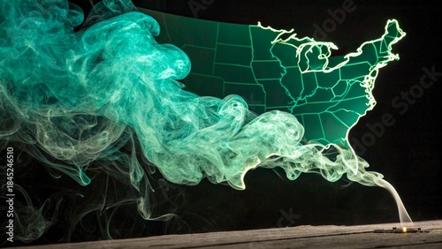 Smoke creates a glowing outline of the northeastern United States on a dark background during a creative art display