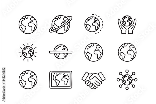 Global Earth and World Line Icons for Sustainability and CSR Design