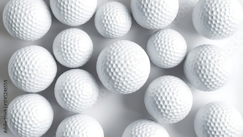 dimple. Multiple golf balls arranged in a pattern from above, isolated on a pure white background. event key visuals, club posters, designed for fitness apps and gym onboarding, supports training.