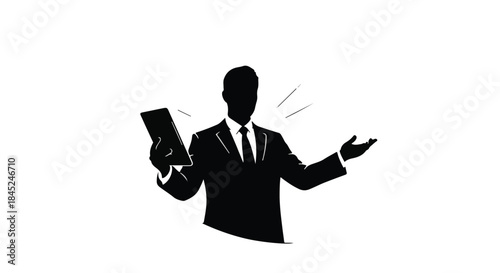 Professional man in silhouette presenting with tablet and open hands