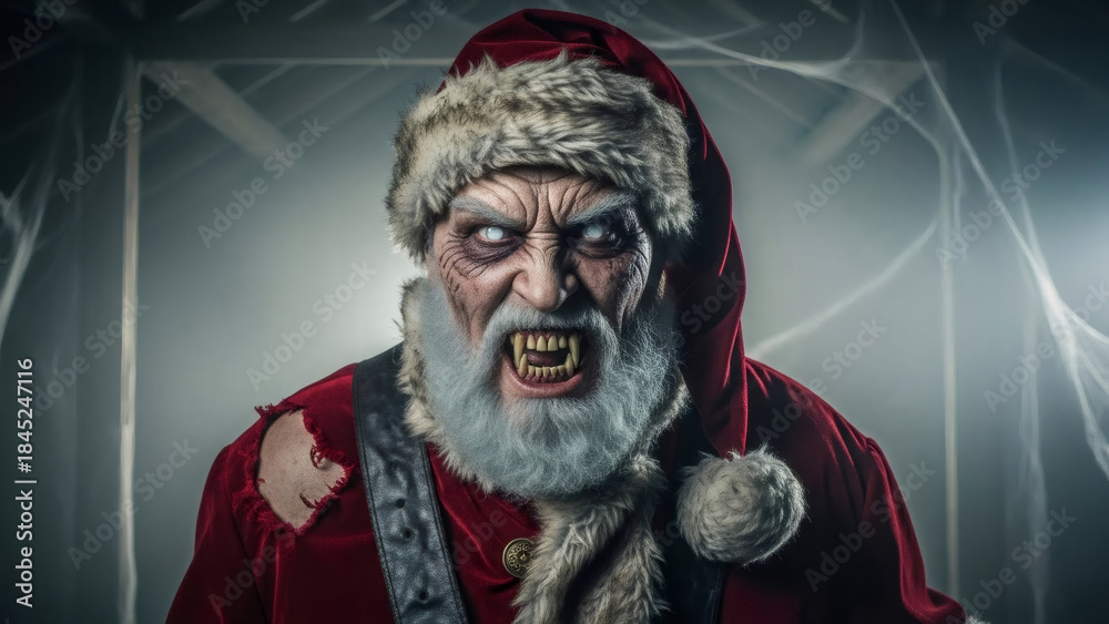 Obraz premium Scary evil zombie Santa Claus with sharp fangs and pale eyes. Spooky Christmas horror concept for Halloween, New Year. Creepy dark costume for spooky events.