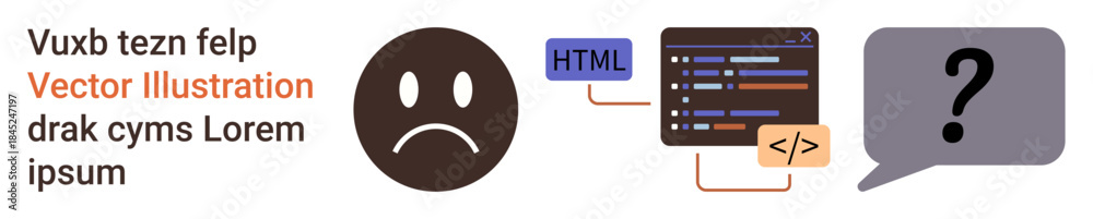 Fototapeta premium Coding challenges, debugging issues, programming errors, developer frustrations, troubleshooting, web development. Sad emotion next to HTML code and question bubble. Coding challenges and debugging