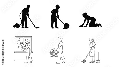Collection of diverse cleaning service icons featuring silhouettes and line art for household maintenance tasks