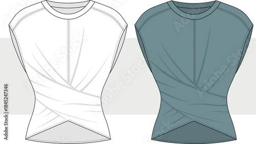 Women's Sleeveless Drop Shoulder T shirt Blouse With Twisted Front Detail Fashion Technical Drawing, Illustration. T Shirt Vector. CAD, Mockup.