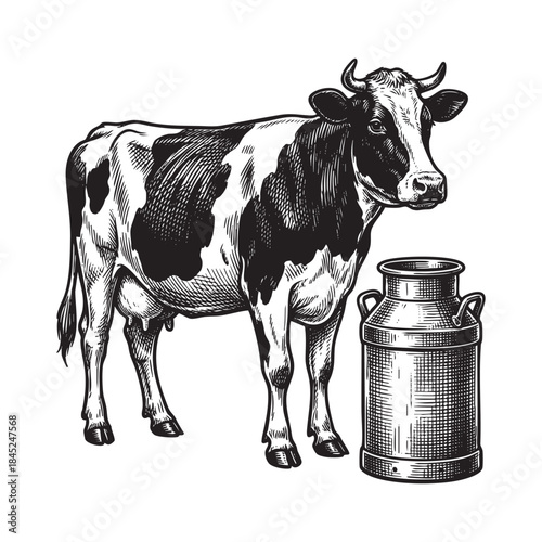 Dairy Cow Standing Next to Milk Can