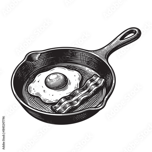 Frying Pan with Fried Egg and Bacon Strips