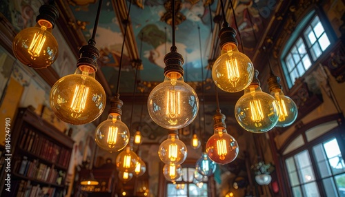 Retro light bulbs hanging from the ceiling of an antique building　アンティークな建物の天井から下がるレトロな電球の照明