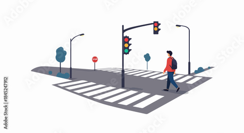 Young man with a backpack safely crossing the city street at a zebra crossing, following traffic signals. Vector illustration.