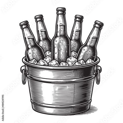 Bucket Filled with Ice and Cold Beer Bottles