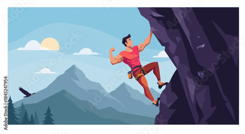 Determined Rock Climber Ascending a Steep Cliff Face in a Stylized Mountain Landscape, Showcasing Outdoor Adventure and Personal Achievement.