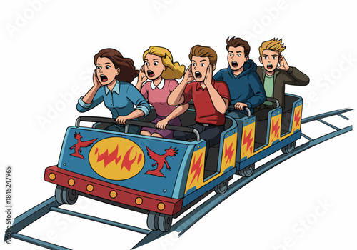 Cartoon illustration of five young adults screaming in fear while riding a fast roller coaster cart on a white background.