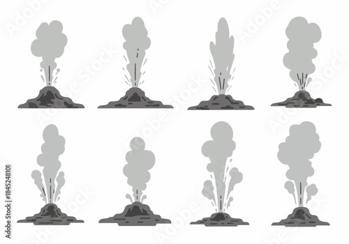 Geyser and Volcano Eruption Illustration Set. Steam Vents Emitting Smoke and Ash Icons in Flat Design.